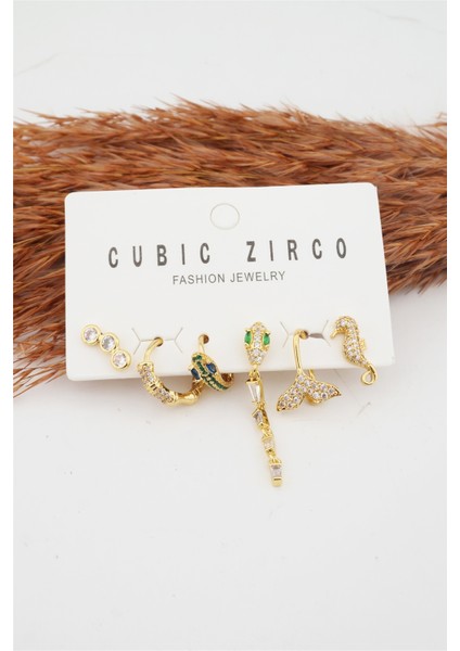 Kadın Kararmaz Altın Kaplama Yılan Detaylı 6'lı Zirkon Set Küpe modelleri