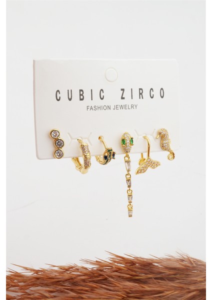 Kadın Kararmaz Altın Kaplama Yılan Detaylı 6'lı Zirkon Set Küpe fırsatları