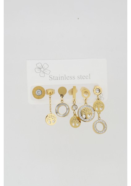 Kadın Kararmaz 6'lı Hayat Ağacı Detaylı Çelik Set Küpe fiyatları