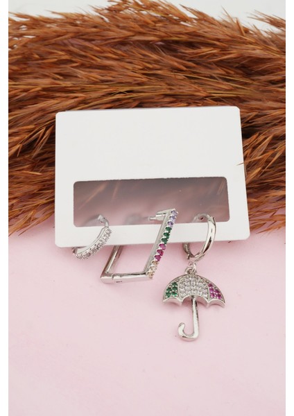 Kadın Kararmaz Altın Kaplama Şemsiye Figürlü 3'lü Zirkon Set Küpe