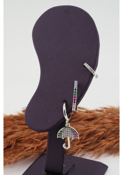 Kadın Kararmaz Altın Kaplama Şemsiye Figürlü 3'lü Zirkon Set Küpe fiyatları