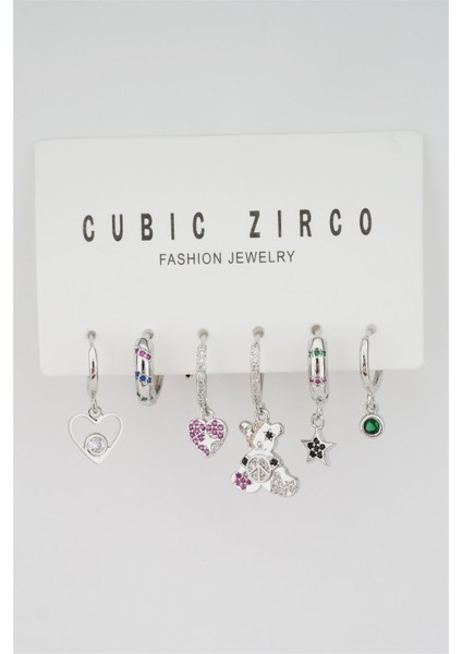 Kadın Kararmaz Altın Kaplama Ayıcık Detaylı 6'lı Zirkon Set Küpe