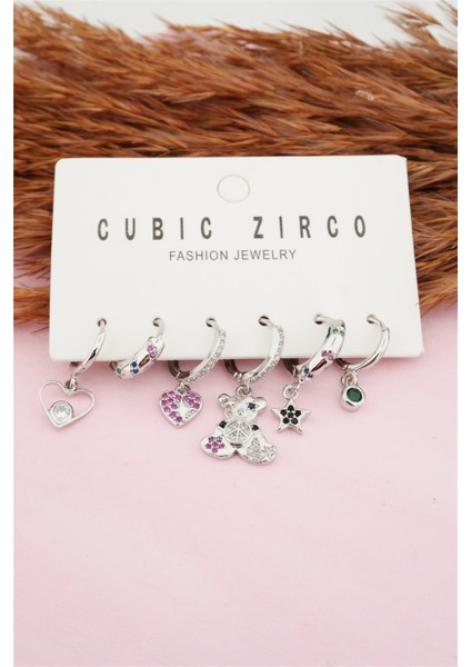 Kadın Kararmaz Altın Kaplama Ayıcık Detaylı 6'lı Zirkon Set Küpe modelleri