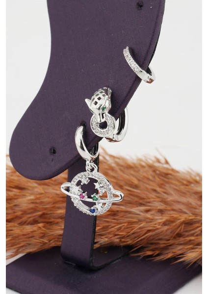 Kadın Kararmaz Altın Kaplama Renkli Zirkon Taşlı Satürn ve Kaplan Figürlü 3'lü Küpe Set