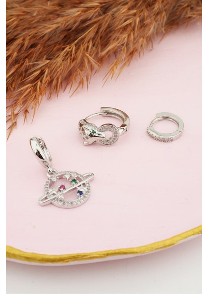 Kadın Kararmaz Altın Kaplama Renkli Zirkon Taşlı Satürn ve Kaplan Figürlü 3'lü Küpe Set fiyatları