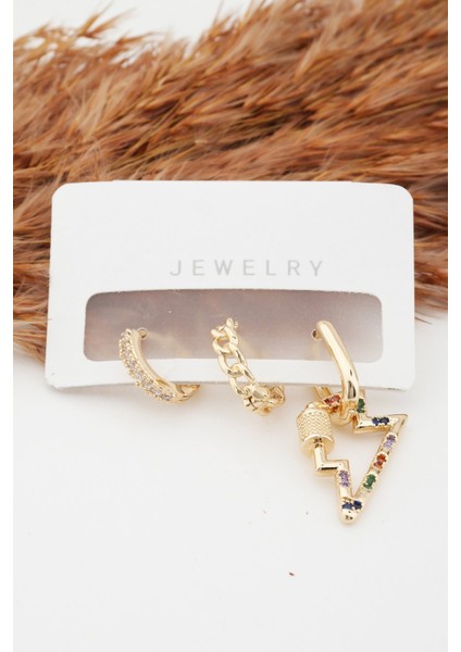 Kadın Altın Kaplama Kararmaz Şimşek Figürlü 3'lü Zirkon Set Küpe