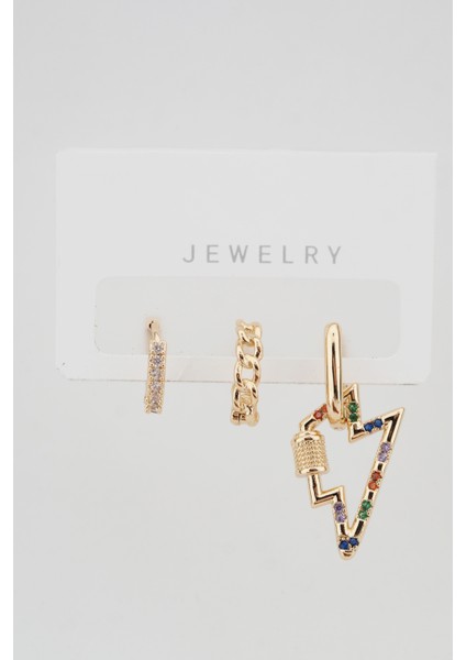 Kadın Altın Kaplama Kararmaz Şimşek Figürlü 3'lü Zirkon Set Küpe fiyatları