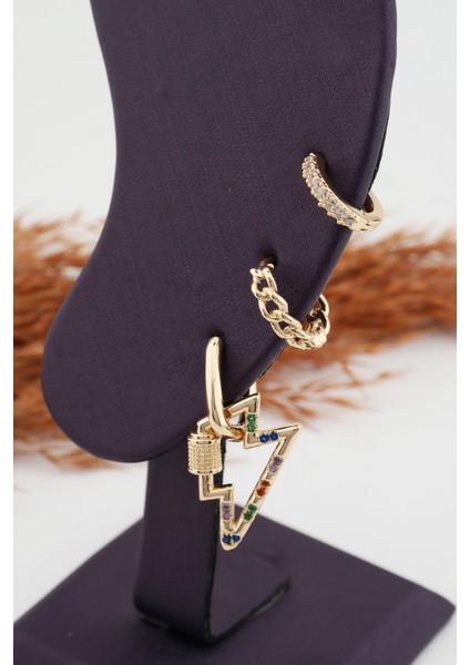 Kadın Altın Kaplama Kararmaz Şimşek Figürlü 3'lü Zirkon Set Küpe modelleri