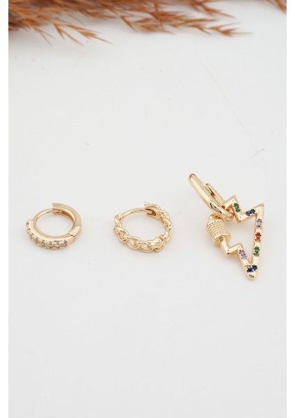 Kadın Altın Kaplama Kararmaz Şimşek Figürlü 3'lü Zirkon Set Küpe fırsatları