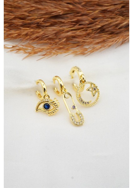 Kadın Zirkon Taşlı Çengelli Iğne ve Göz Figürlü 3'lü Küpe Seti