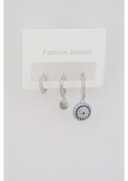 Kadın Altın Kaplama Zirkon Taşlı Nazar Figürlü 3'lü Küpe Seti