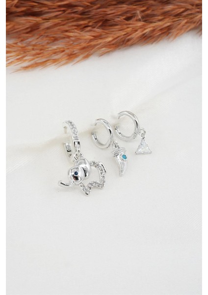 Kadın Zirkon Taşlı Fil Figürlü 3'lü Küpe Seti