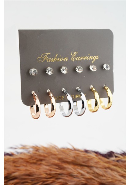 Kadın 3 Renk Halka ve Taşlı 12'li Set Küpe