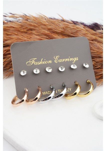 Kadın 3 Renk Halka ve Taşlı 12'li Set Küpe fiyatları