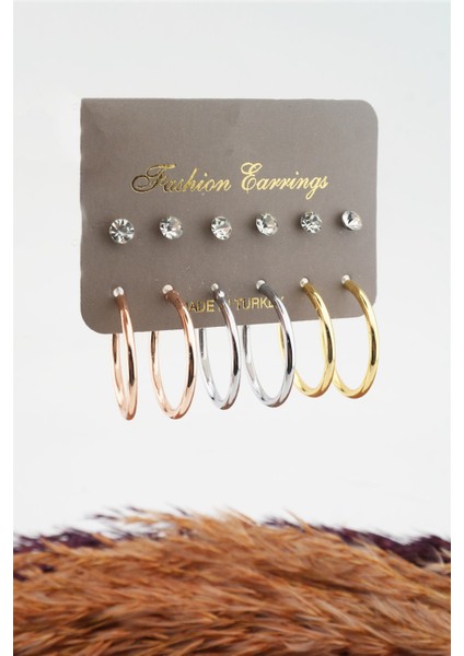 Kadın 3 Renk Halka ve Taşlı 12'li Set Küpe