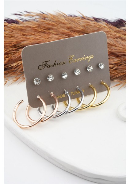 Kadın 3 Renk Halka ve Taşlı 12'li Set Küpe fiyatları