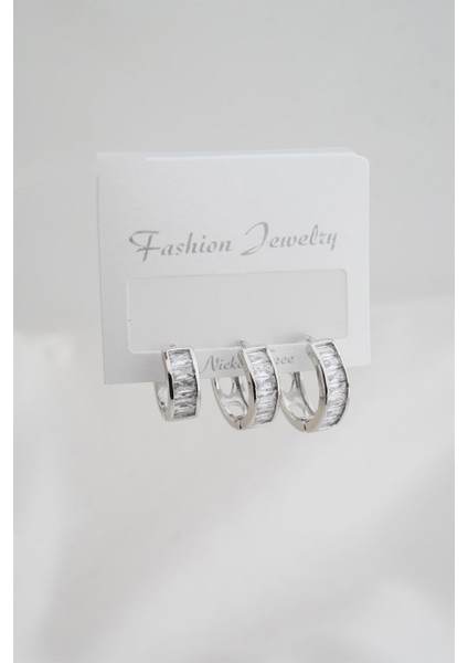 Kadın Altın Kaplama Baget Zirkon Taşlı Figürlü 3 Boy Küpe Seti