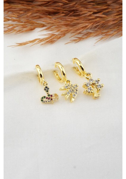 Kadın Zirkon Taşlı Yılan ve Kırlangıç Figürlü 3'lü Küpe Seti