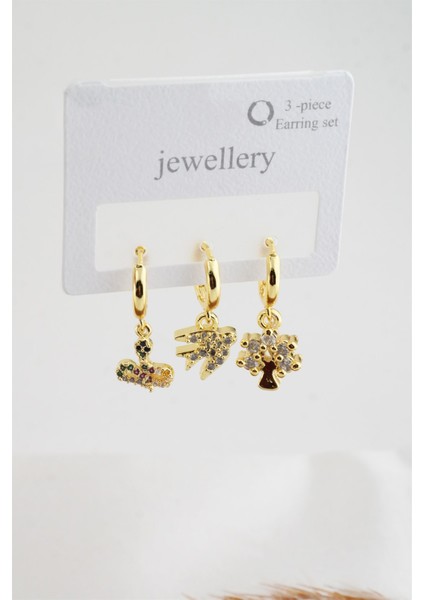 Kadın Zirkon Taşlı Yılan ve Kırlangıç Figürlü 3'lü Küpe Seti fiyatları