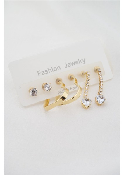 Kadın Zirkon Taşlı ve Kalp Figürlü 6'lı Küpe Seti