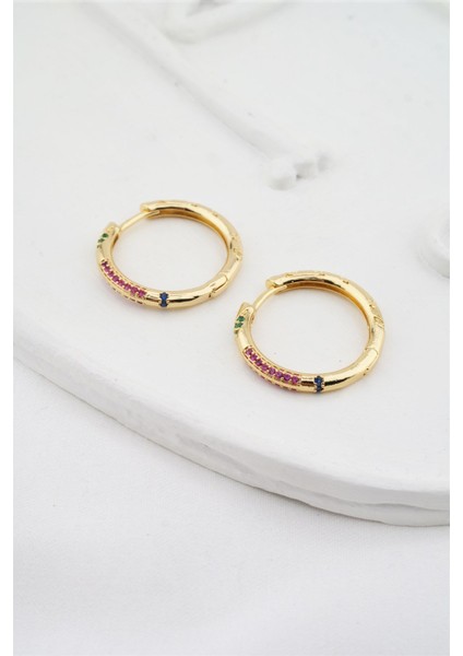 Kadın Altın Kaplama Mix Renkli Zirkon Taşlı Halka Küpe