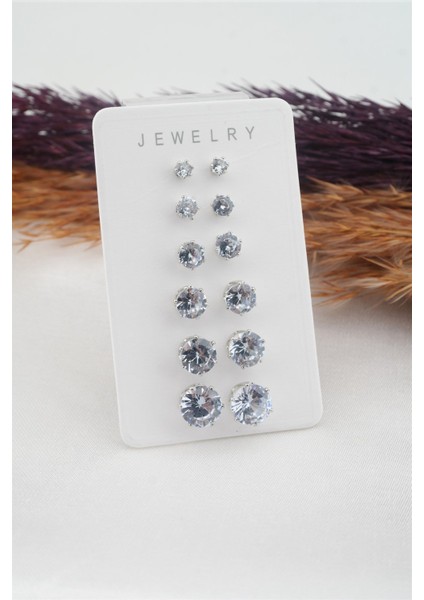Kadın 6 Boy 12 Adet Oval Model Zirkon Taşlı Küpe Seti
