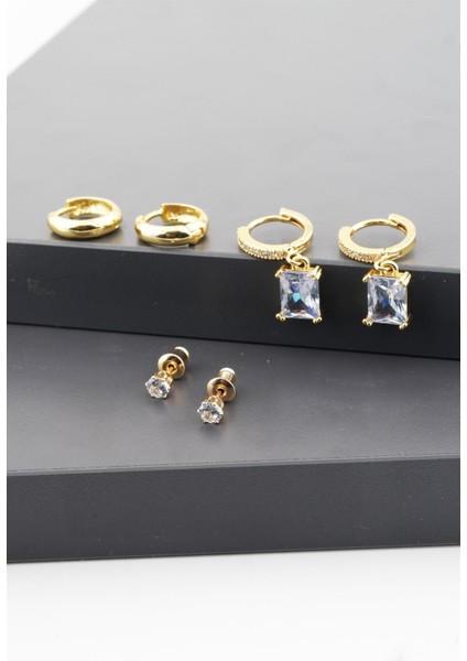 Kadın Altın Kaplama Kare Baget Zirkon Taşlı 6'lı Set Küpe