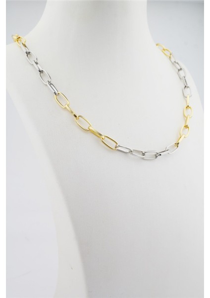 Kadın 40 cm Gümüş ve Altın Renk Örme Kolye