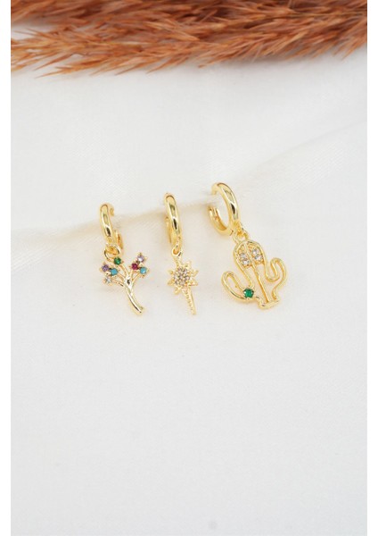 Kadın Zirkon Taşlı Kaktüs Figürlü 3'lü Küpe Seti