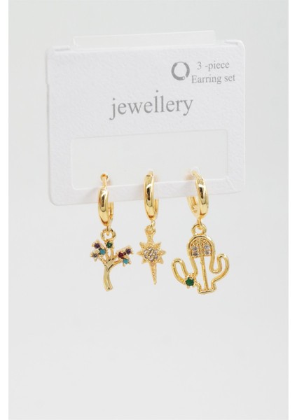 Kadın Zirkon Taşlı Kaktüs Figürlü 3'lü Küpe Seti fiyatları