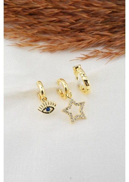 Kadın Zirkon Taşlı Yıldız ve Göz Figürlü 3'lü Küpe Seti fiyatları