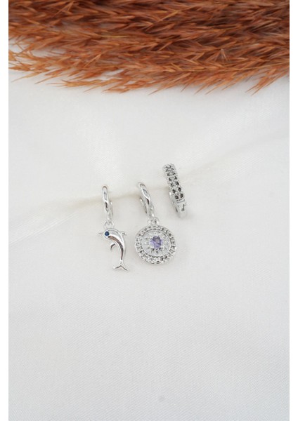 Kadın Zirkon Taşlı Yunus Balığı Figürlü 3'lü Küpe Seti