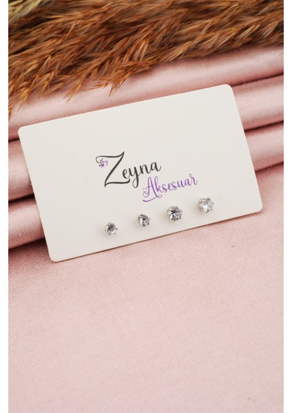Kadın 2 Boy Zirkon Yuvarlak Taşlı 4'lü Küpe Seti