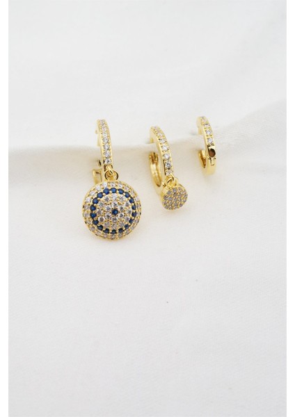 Kadın Altın Kaplama Zirkon Taşlı Nazar Figürlü 3'lü Küpe Seti