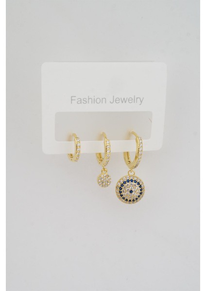 Kadın Altın Kaplama Zirkon Taşlı Nazar Figürlü 3'lü Küpe Seti fiyatları