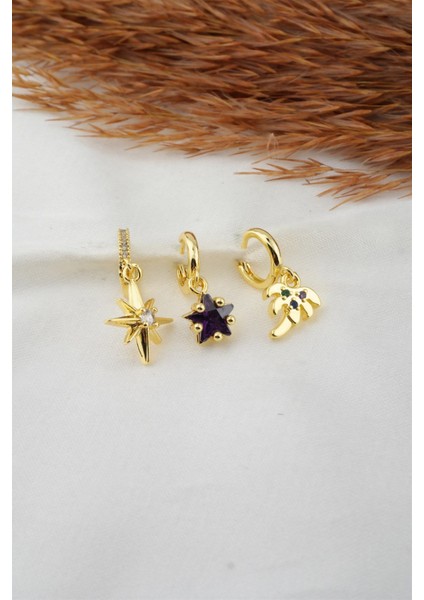 Kadın Zirkon Taşlı Kuzey Yıldızı ve Palmiye Figürlü 3'lü Küpe Seti