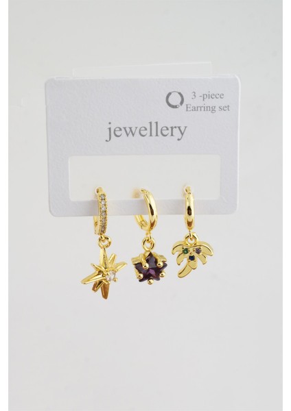 Kadın Zirkon Taşlı Kuzey Yıldızı ve Palmiye Figürlü 3'lü Küpe Seti fiyatları