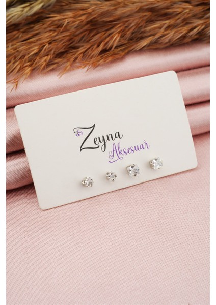 Kadın 2 Boy Zirkon Kare Taşlı 4'lü Küpe Seti