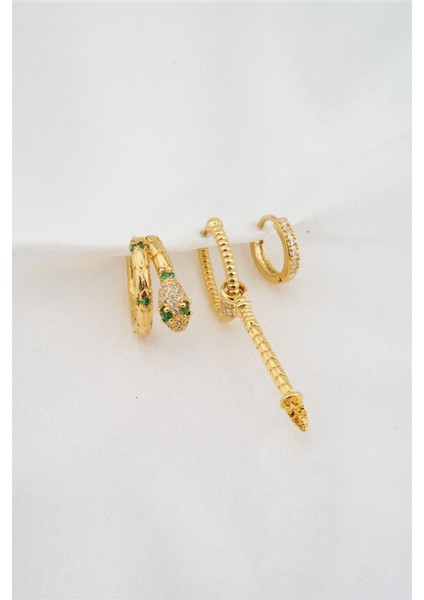 Kadın Altın Kaplama Zirkon Taşlı Yılan Model 3'lü Küpe Set