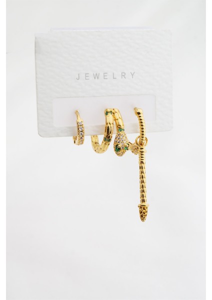 Kadın Altın Kaplama Zirkon Taşlı Yılan Model 3'lü Küpe Set fiyatları