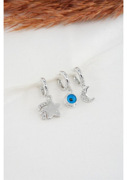 Kadın Zirkon Taşlı Ay ve Yıldız Figürlü 3'lü Küpe Seti