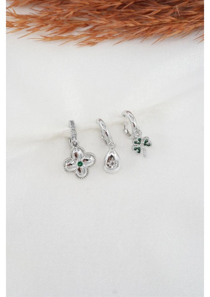 Kadın Zirkon Taşlı Yonca Figürlü 3'lü Küpe Seti