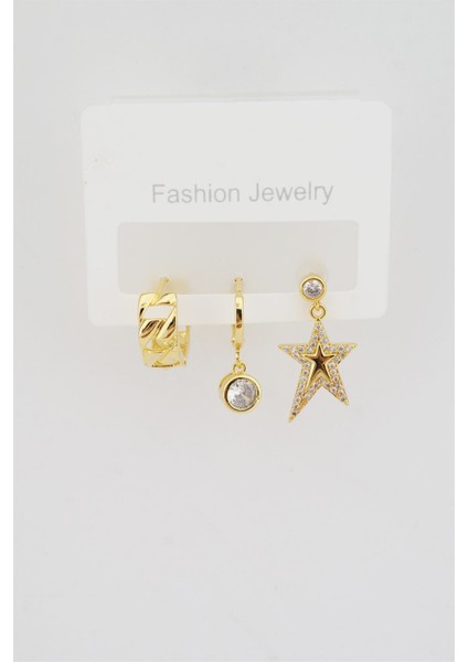 Kadın Altın Kaplama Zirkon Taşlı Yıldız Figürlü 3'lü Küpe Seti