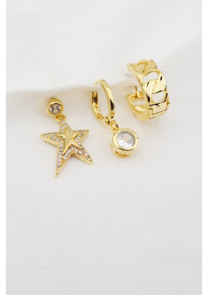 Kadın Altın Kaplama Zirkon Taşlı Yıldız Figürlü 3'lü Küpe Seti fiyatları