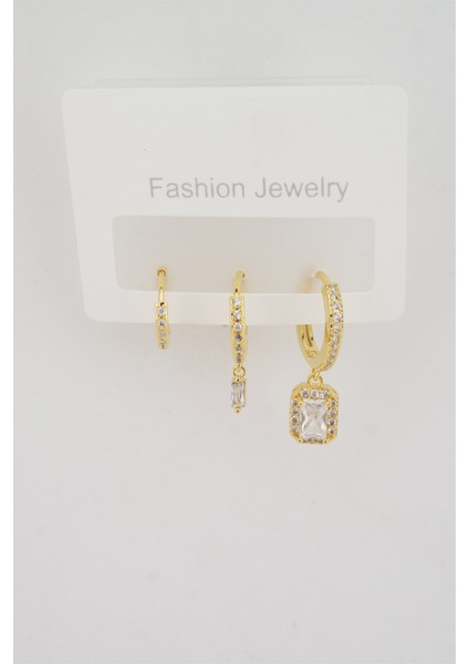 Kadın Altın Kaplama Zirkon Kare Baget Taşlı 3'lü Küpe Seti