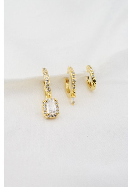Kadın Altın Kaplama Zirkon Kare Baget Taşlı 3'lü Küpe Seti fiyatları