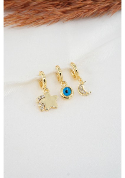 Kadın Zirkon Taşlı Ay ve Yıldız Figürlü 3'lü Küpe Seti