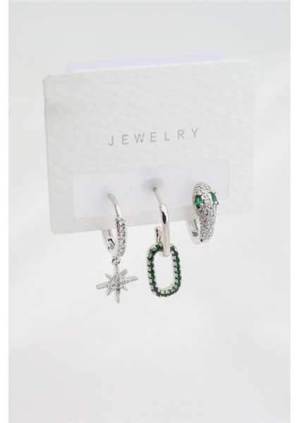 Kadın Altın Kaplama Zirkon Taşlı Yılan Model 3'lü Küpe Set