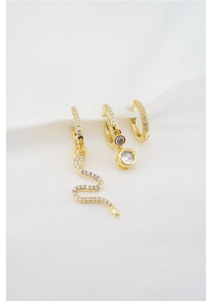 Kadın Altın Kaplama Zirkon Taşlı Yılan Figürlü 3'lü Küpe Seti