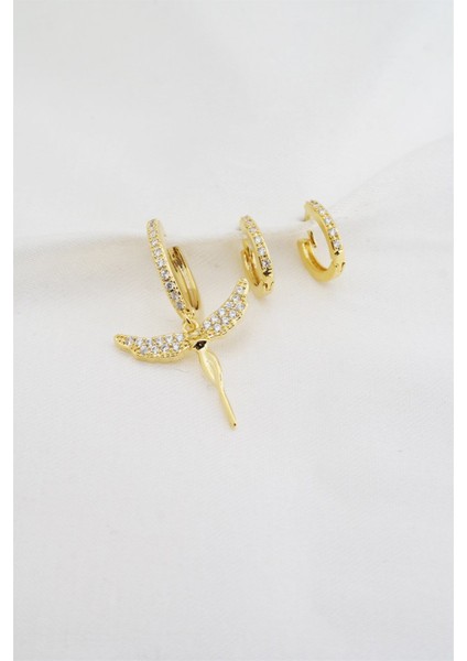 Kadın Altın Kaplama Zirkon Taşlı Melek Figürlü 3'lü Küpe Seti